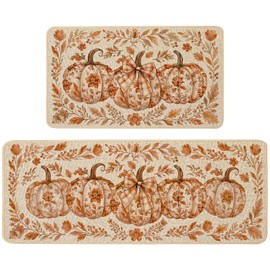 Baccessor Fall Kitchen Rugs Set of 2, Pumpkin Chinoiserie Floral Kitchen Mats for Floor Washable Low-Profile Farmhouse Autumn Holiday Home Indoor Outdoor Decor 17x29 and 17x47 Inch Burnt Orange