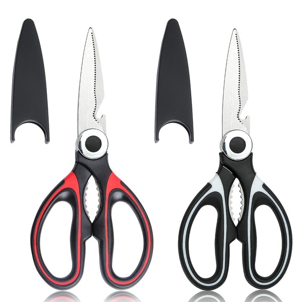 2Pcs Kitchen Scissors Heavy Duty Kitchen Scissor Multi-Purpose Stainless Steel Kitchen Shears with Cover for Chicken Meat Bones Fish Vegetables(Black/Red)