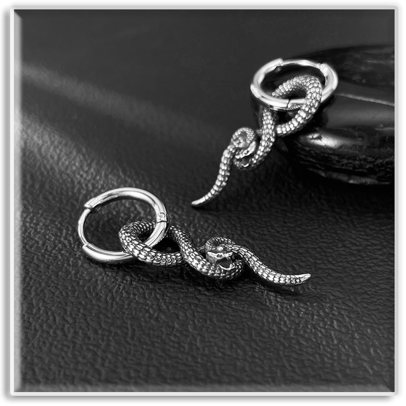 Xusamss Gothic Stainless Steel Snake Dangle Hoop Earrings for Women(White)