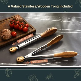 Edergoo Wood Cooking Utensils Set, 6 PCS Wooden Spoons for Cooking Includes Stainless/Wood Kitchen Tong, Non-Stick Wooden Utensil Set with Non-Slip Notch Design & Hanging Hole, Black