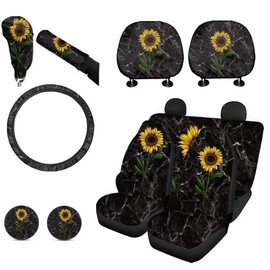 XYZCANDO 11 Pieces Car Accessories Set Sunflower Marble Pattern Cars Seat Covers Steering Wheel Cover Auto Seats Headrest Cover Cupholder Coaster Gear Shift Cover Handbrake Cover