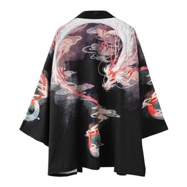Siehin Men's Dragon Print Spring Summer Kimono Cardigan Japan Happi Kimono Jacket Yukata Coat Ukiyoe Baggy Tops, black