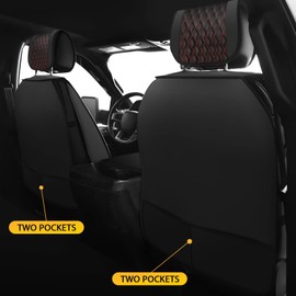 Seat Cover Full Set Compatible with Toyota Tacoma TRD Sport 2009 to 2024 Off Road TRD Pro Limited SR SR5 Package Access Double Extended Cab Pickup Truck Custom Leather Seat Cover(5 Pcs,Black red)