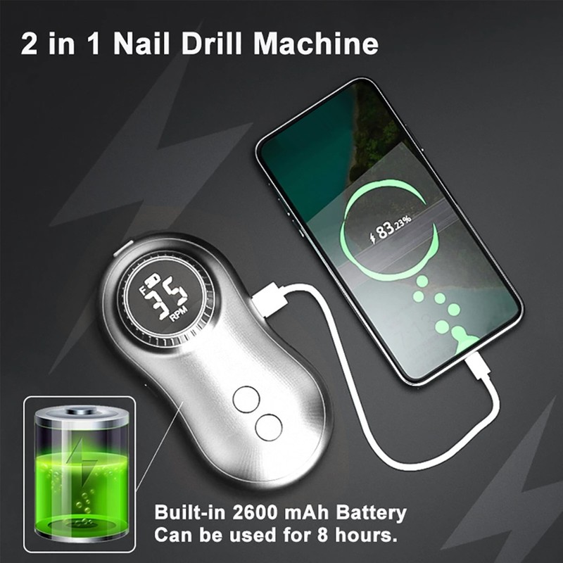 Nail Drill Machine 35000RPM LCD Display USB Rechargeable Electric Nail