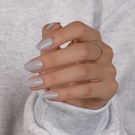 KQueenest Dark Gray Press On Nails Short Oval - Acrylic Press On Nails with Glue, Almond Short Fake Nails Press ons, Glossy Opaque Stone Grey, Reusable Soft Gel Glue on Nails for Women, 24 Pcs