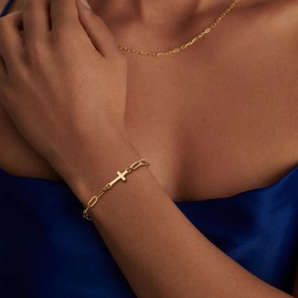 Poxtex Gold Cross Bracelet for Women, 14K Real Gold Plated Jewelry Waterproof, 7"+2" Adjustable Cross Papwerclip Chain Bracelet Trendy, Dainty Gold Link Chain Bracelet Gift for Women