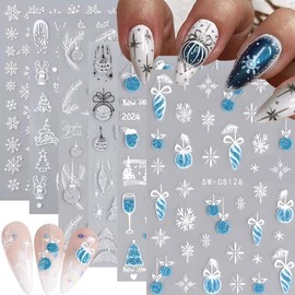 Christmas Nail Stickers, Cute Snowflake Nail Decals 3D Self-Adhesive Blue White Snowmen Bell Xmas Tree Reindeer Winter Nail Design Holiday Nail Art Decoration for Women Girls(6Sheets)