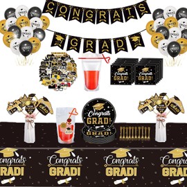 Graduation Party Decorations 126Pcs Black Gold Congrats Grad Dinnerware Party Supplies Includes Tableware Balloons Tablecloth Banner DIY Drink Pouches with Straws Stickers Table Centerpiece Sticks