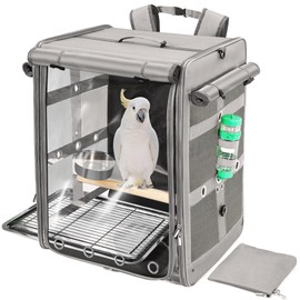 Suertree Bird Carrier Travel Cage, Cockatoo Carrier, Parrot Travel Backpack with Unbreakable Stainless Steel Mesh, Perch, Water Bottle and Food Bowl, X-Large Grey