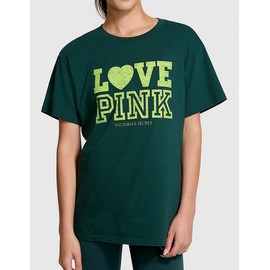 Victoria's Secret Pink Campus Tee Shirt Deep Forest Green Lime Heart Logo XXL💚