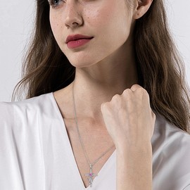 JIWOY Butterfly Cross Necklace 925 Sterling Silver Crucifix Pendant Heart Created Pink Tourmaline Religious Jewelry for Women