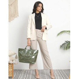 RUNSOON PVC Trendy Tote Bag for Women, Kraft Paper Letter Print Tote Bag Large Work Tote Handbag with Top Handle, Green, Large