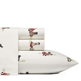 4 Piece Casual Style Cotton Flannel Sheets Queen Size Allover Animal Print Dog Wearing Clothes Motifs Off White Color Deep Pocket Fully Elasticized Fitted Sheet Elegant Cozy Comfy Kids Bed Sheet Set