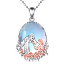 YAFEINI Horse Necklace Jewellery Gifts for Women Girls Sterling Silver Moonstone Oval Girl with Horse Pendant Necklace, Sterling Silver, Moonstone