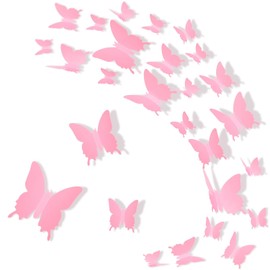 BBTO 48 Pieces Butterfly Wall Decor DIY 3D Mirror Butterfly Stickers Removable Decals Crafts for Birthday Party Bedroom School Bathroom Living Room Decor(Pink)