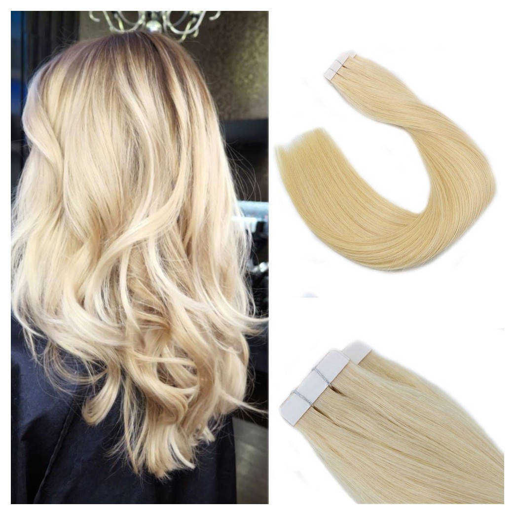 18 Inch Blonde Hair Extension Tape in 50g Per Pack 20pcs Seamless Tape in Human Hair Extension 100% Real Human Hair 613# Color Natural Hair Extensions for Party/Halloween Hairstyles/Stage Performance