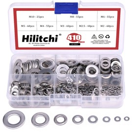 Hilitchi 410-Pcs [8-Size] 304 Stainless Steel Flat Washer Assortment Set - Size Included: M2 M2.5 M3 M4 M5 M6 M8 M10