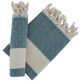 Dandelion - Diamond Pattern - Set of 2 Naturally-Dyed Cotton Turkish Hand Towels Peshkir - 35x19 Inches - Olive Green