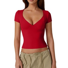 QINSEN Women's V Neck Short Sleeve T Shirts Double Lined Tee Seamed Cup Going Out Tops Red XL