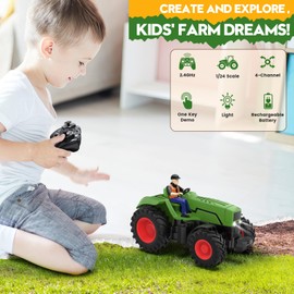 Remote Control Tractor Toys for Kids 3-5, RC Tractor Toy with Farmer & Light,1:24 Scale, Rechargeable Farm Toy Tractor for Toddler Toy Set Birthday Gifts for 3 4 5 Year Old Kids Boys Girls