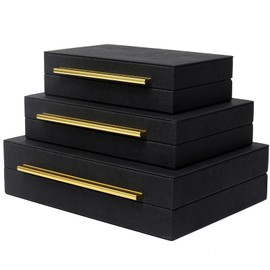 DECOR4SEASON Faux Shagreen Leather Decorative Jewelry Storage Nesting Organizer Boxes with Lids Gold Handle Set of 3, Black