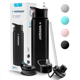 Wessper Stainless Steel Drinking Bottle 700 ml Leak-Proof Thermos Flask BPA-Free with 3 Lids Black Elegant Sports Water Bottle Insulated Flask Children Adults for Camping Bicycle Sports Outdoor