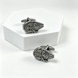 Men's Silver Plated Brass Spaceship Cufflinks - Galactic Starfighter Design for Formal Wear, Classic Movie Themed Cufflinks, Gift for Fans, Collectors, Groomsmen (Black)
