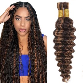 Evaxilc Deep Wave Human Hair for Braiding, Unprocessed, No Weft For Braiding Hair Extensions for Boho Braids, P430, Highlight Brown Colour, 30 30 Inches