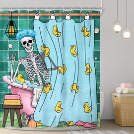 Riyidecor Funny Skull Shower Curtain 60Wx72H Inch Kids Gothic Skeleton in Bathtub Bathing Spooky Yellow Rubber Duck Cool Hilarious Modern Boys Bathroom Decor Fabric Polyester Waterproof 12 Pack Hooks