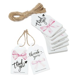 EORTA 60 PCS Bowknot Thank You Gift Tags with Twine, 6 Designs 2.8"x1.6" Paper Hanging Tag for Wedding Party Favor Baby Shower Birthday Christmas Teacher Employee Volunteer Nurse Doctor, Pink