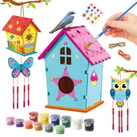 Byncceh Bird House Wind Chime Craft Set Children - DIY Set of 2 Craft Set Children to Build and Paint, Butterfly Decoration, Bird House Construction Kit Children Made of Wood, Gifts for Girls Boys