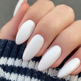 GLAMERMAID Pure White Press on Nails Medium Almond, Neutral Solid White Gel Glue on Nail, Natural Short Stiletto Reusable UV Finish Fake Nails, Acrylic Oval False Nails Manicure Kits for Women
