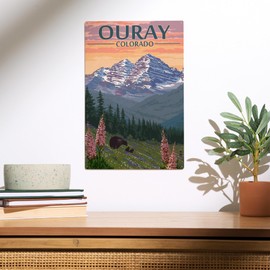 Lantern Press 10x15 Inch Wood Sign, Ready to Hang Wall Decor, Ouray, Colorado, Bear and Spring Flowers