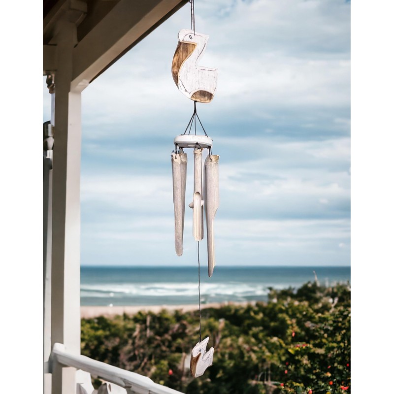 Coastal Pelican Windchime – Whitewashed Bamboo & Distressed White Wood