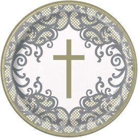 Unique 74855EU Eco-Friendly Paper Plates-23 cm-Fancy Gold Cross Religious Party-8 Count (Pack of 1), Multicolour