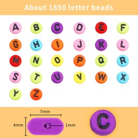 MiuCo Pack of 1850 Letter Beads for Bracelets, Colourful Beads Set Letters for Friendship Bracelets, Make Yourself, Round Letter Beads for Threading with 10 m Elastic Band for Jewellery Making