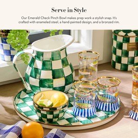 MACKENZIE-CHILDS Enamel Pinch Bowl, Small Bowl for Kitchen Ingredients, 1.5-Cup Capacity, Green-and-White Emerald Check