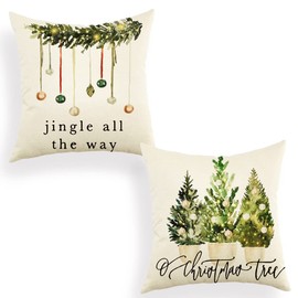 Ogiselestyle Christmas Jingle All The Way Throw Pillow Covers, 18 x 18 Inch Winter Holiday Christmas Tree Cushion Case Decoration for Sofa Couch Set of 2