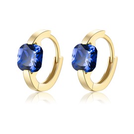EVER FAITH Woman's S925 Small Princess Cut Sapphire Blue CZ Huggie Hoop Earrings, 14K Gold Birthstone Dainty Ear Jewelry for Party
