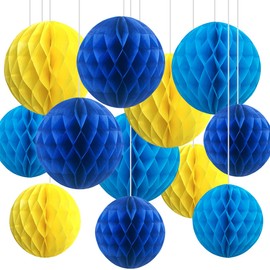 Pack of 12 Blue and Yellow Paper Honeycomb Balls, Hanging Tissue Paper Honeycomb Balls for Party Decoration (6 inches and 10 inches)