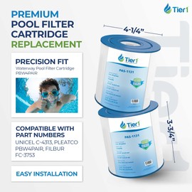 Tier1 Replacement for Waterway Pool Filter Cartridge PBW4PAIR – 2 Pack | Compatible with Unicel C-4313, Pleatco PBW4PAIR, Filbur FC-3753 | 3-3/4" x 4-1/4" | Trilobal Fabric | Washable Cartridge