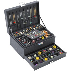 QBestry 3-Layer Jewelry Box for Women with Lock and Key & Drawer, Large Jewelry Organizer with 8 Necklace Hooks & 56 Earring Holes, Grey Velvet Jewelry Storage Box for Necklaces Earrings Ring Bracelet