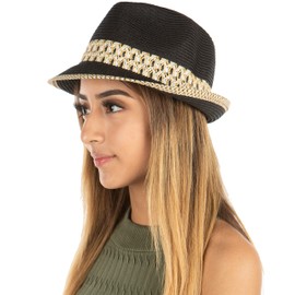 Funky Junque Women's Summer UPF50+ Straw Fedora Beach Hat, Adjustable, Multicolor Woven Short Brim, One Size, Black/Natural