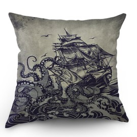 Kraken Pillow Cover Vintage Sail Boat Ocean Waves Octopus Throw Pillow Case 18 x 18 Inch Home Textile European Style Cotton Linen Cushion Cover for Sofa Bed Purple Black