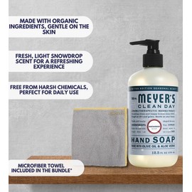 Clean Day Organic Snowdrop Scent Liquid Hand Soap 12.5 oz Bundle with Microfiber Cloth - Gentle Hand Soap with Essential Oils & Aloe Vera - (2 Items)