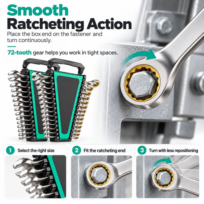 Ratcheting Combination Wrench Set for Auto & Home Repairs –