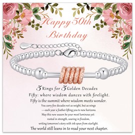 BMMYE 50th Birthday Gifts for Women, Sterling Silver Bracelet with Rose Gold Rings Adjustable Silver Beaded Bracelet with Birthday Cards Gifts for Women Sister Friends Mum Grandma