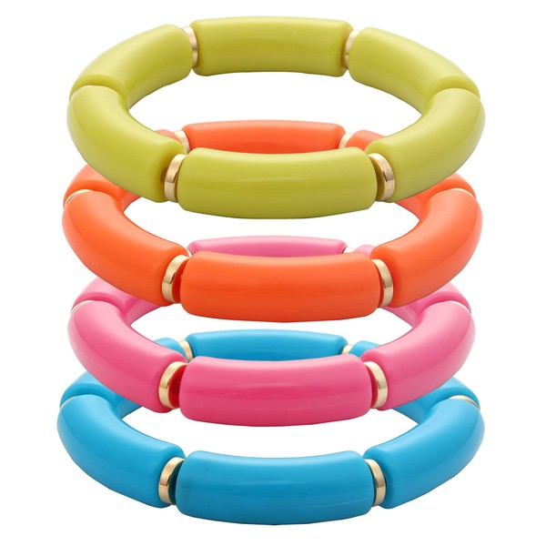 MythDone Chunky Bamboo Tube Bracelets Colorful Curved Resin Stretch Bracelet