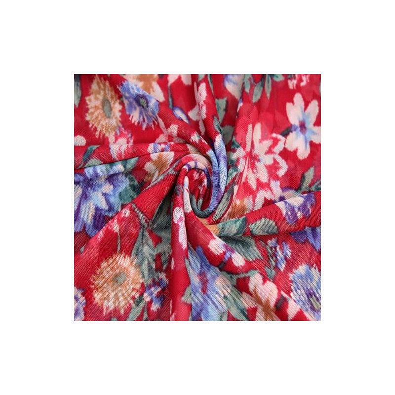 Red Periwinkle Medium Floral Pattern Printed Stretch Poly Power Mesh