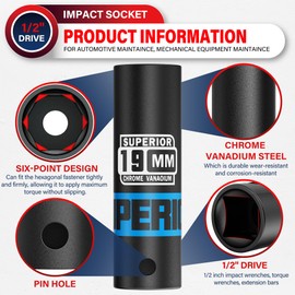 Aiourx 1/2" Drive Impact Socket, 19 mm Deep Socket, Metric, 6 Point, CR-V, for Car Repair, Loosen The Fastening Nut